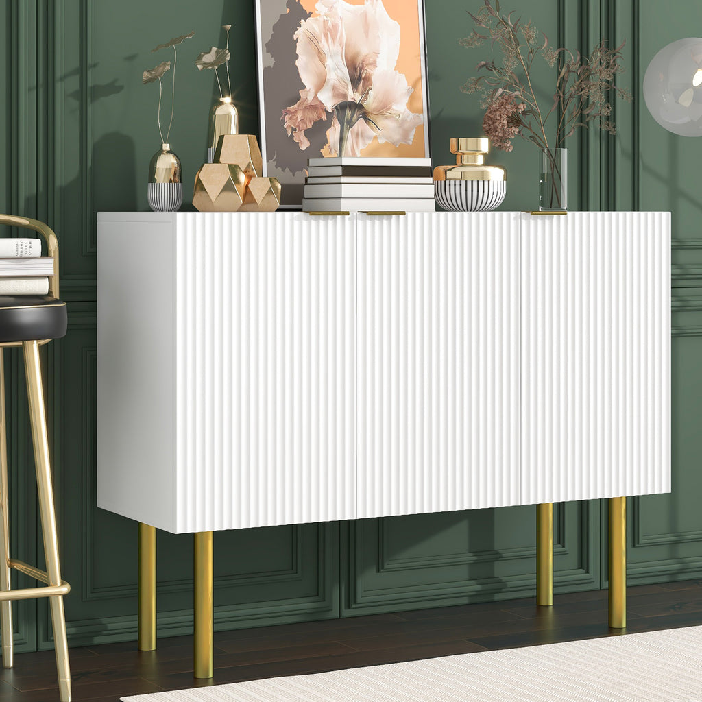 Leoglint TREXM Modern Simple & Luxury Style Sideboard Particle Board & MDF Board Cabinet with Gold Metal Legs & Handles, Adjustable Shelves for Living Room, Dining Room (White)