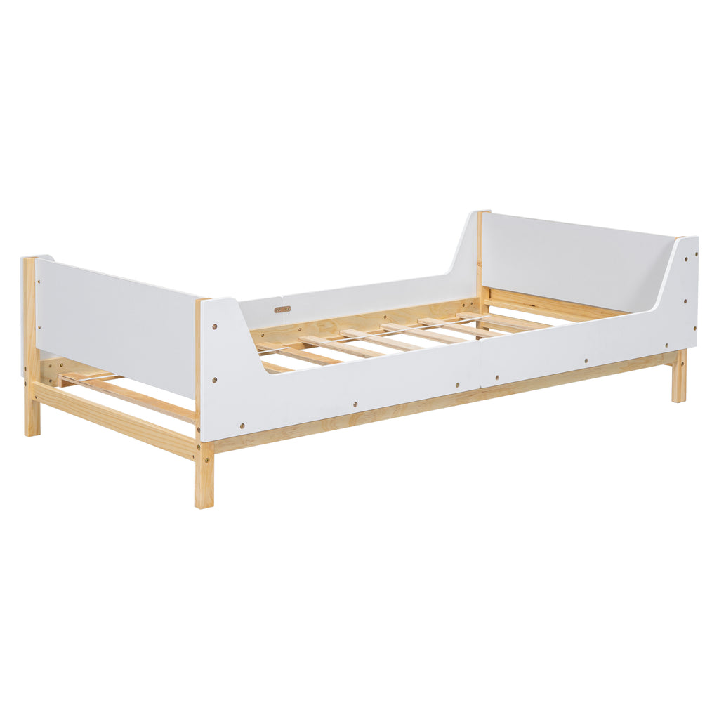 Twin Bed Frame with Headboard, Footboard, Safeguards,  Built-in Bed-end Book Storage Rack ,White