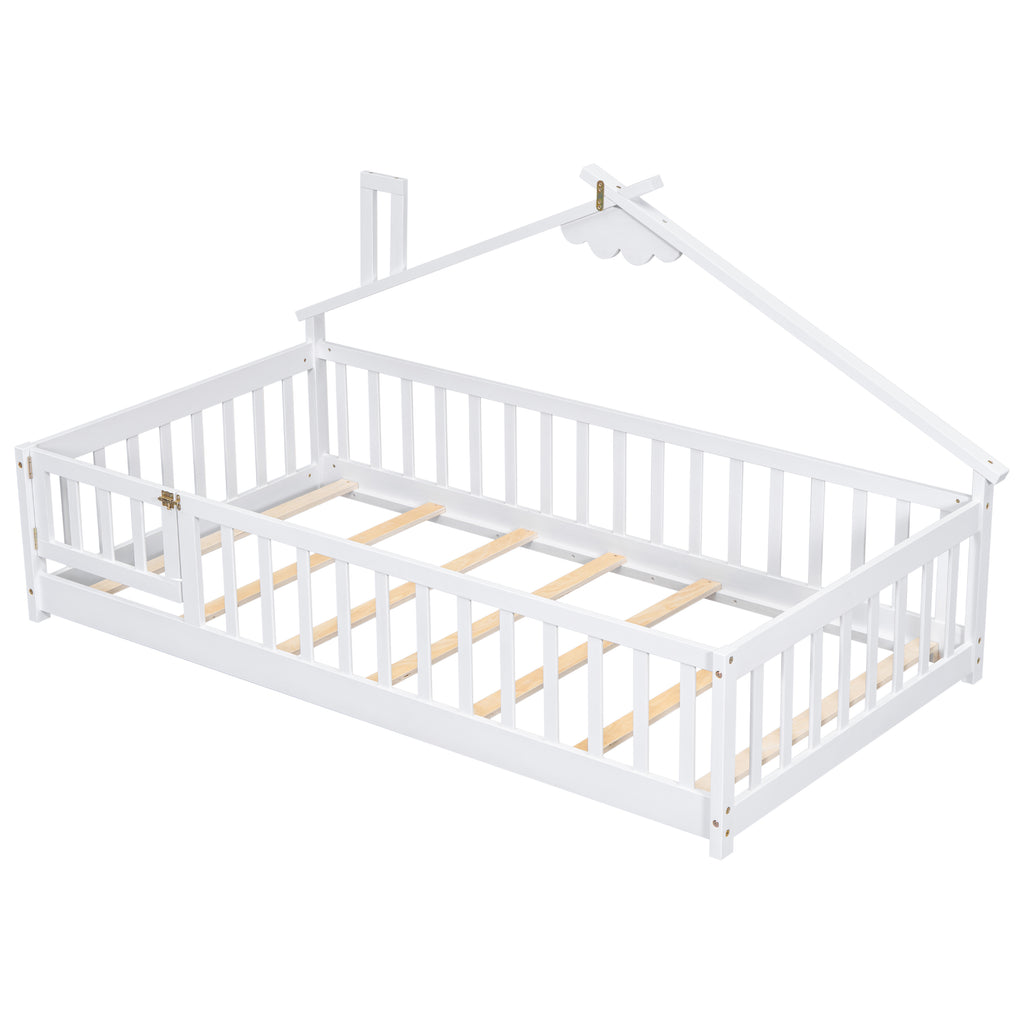 Twin House-Shaped Bedside Floor Bed Frame with Guardrails, Slats, with Door,White