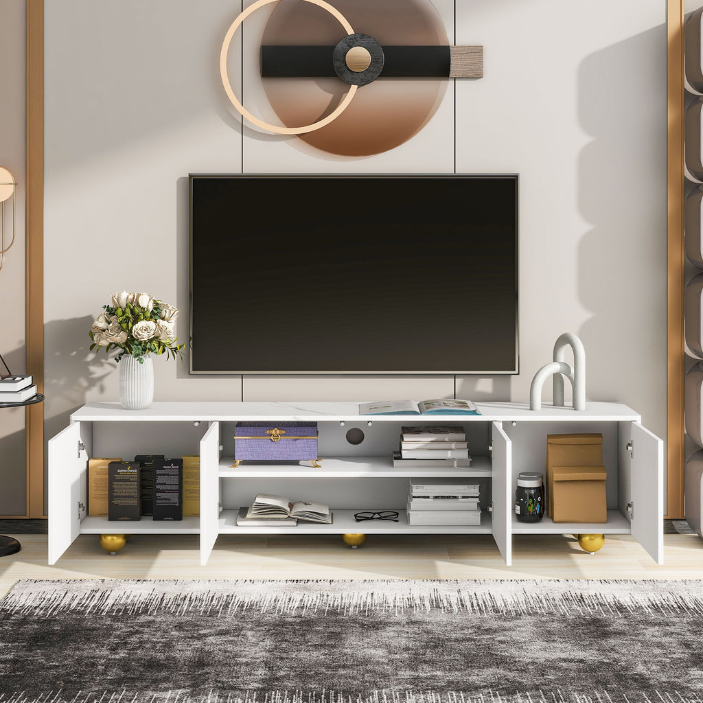 Leoglint U-Can Modern TV Stand for TVs up to 75 Inches, Entertainment Center with Storage Cabinets and 1 Adjustable Shelf, Media Console with Marble-patterned Top and Golden Round Metal Legs for Living room