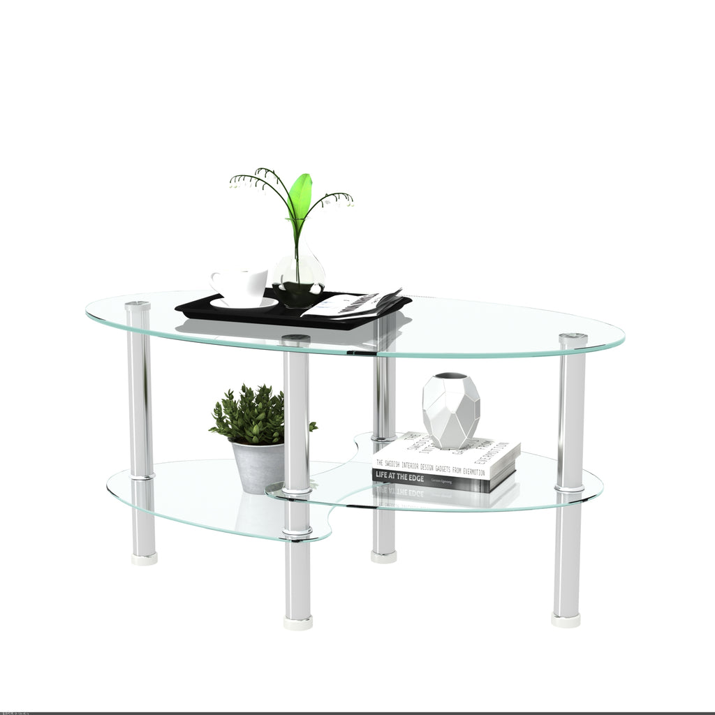 Leoglint Transparent Oval glass coffee table, modern table with stainless steel  leg, tea table 3-layer glass table for living room