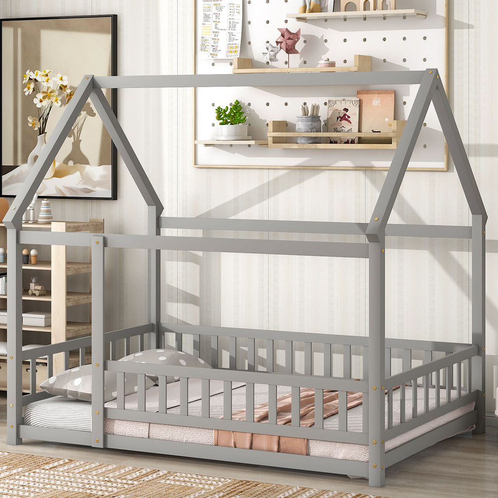 Leoglint Bed Frame Full Size Floor Wooden Bed with House Roof Frame, Fence Guardrails ,Grey