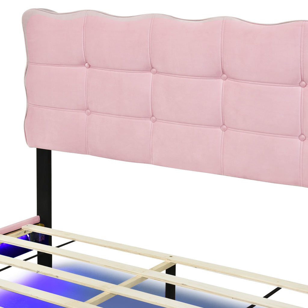 Queen Size Velvet Platform Bed with LED Frame and Stylish Mental Bed Legs, Pink