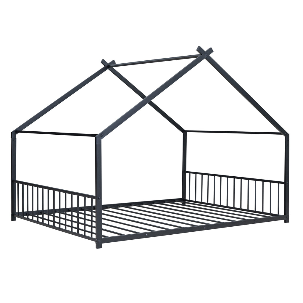 Leoglint Full Size Metal House Bed Frame, Black