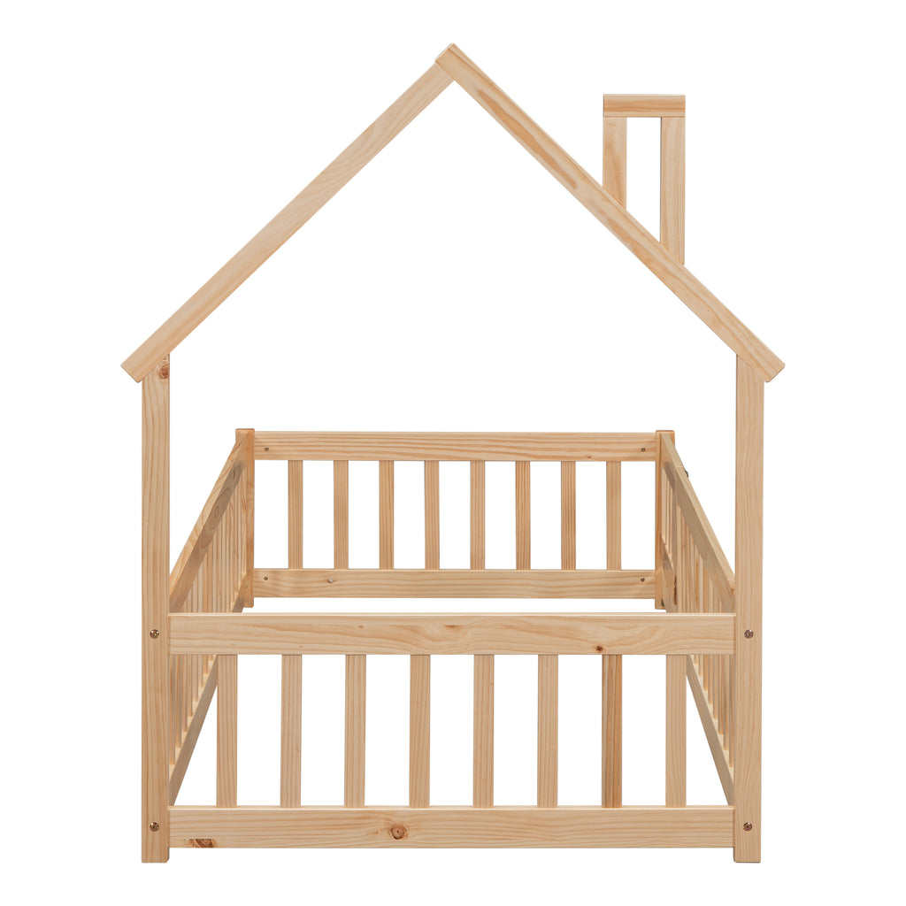 Twin House-Shaped Headboard Floor Bed Frame with Fence,Natural