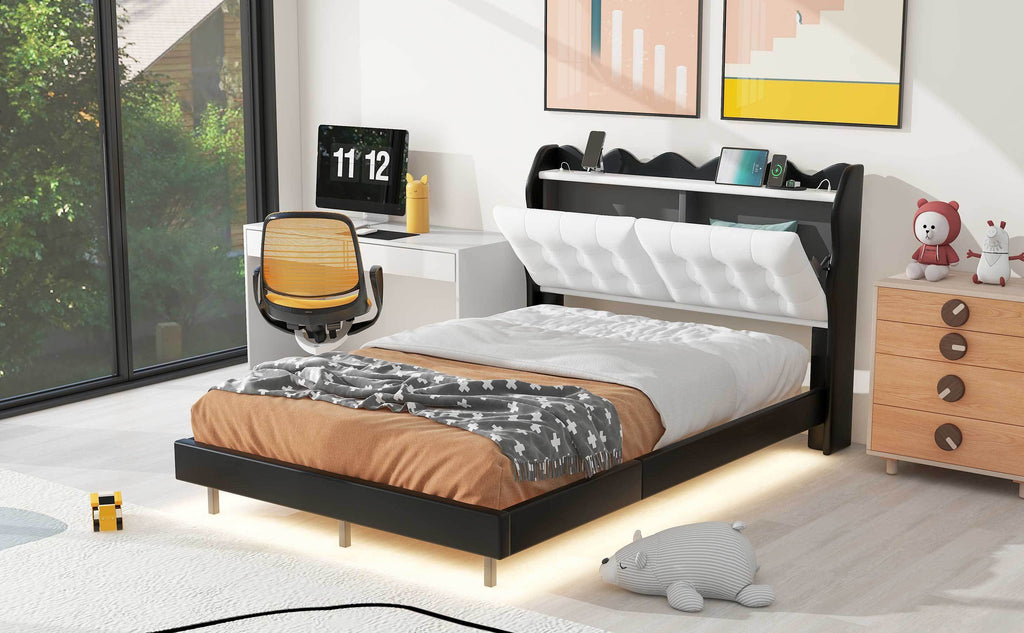 Leoglint Full Size Upholstery Platform Bed Frame with LED Light Strips and Built-in Storage Space,Black