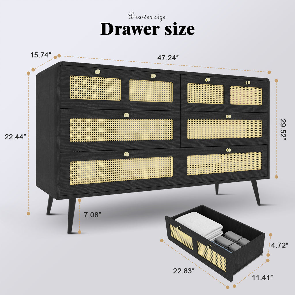 Leoglint 6 Drawer Chest Drawer Dresser, Modern Rattan Dresser Chest with Wide Drawers and Metal Handles, Farmhouse Wood Storage Chest of Drawers for Bedroom, Living Room, Hallway, Entryway