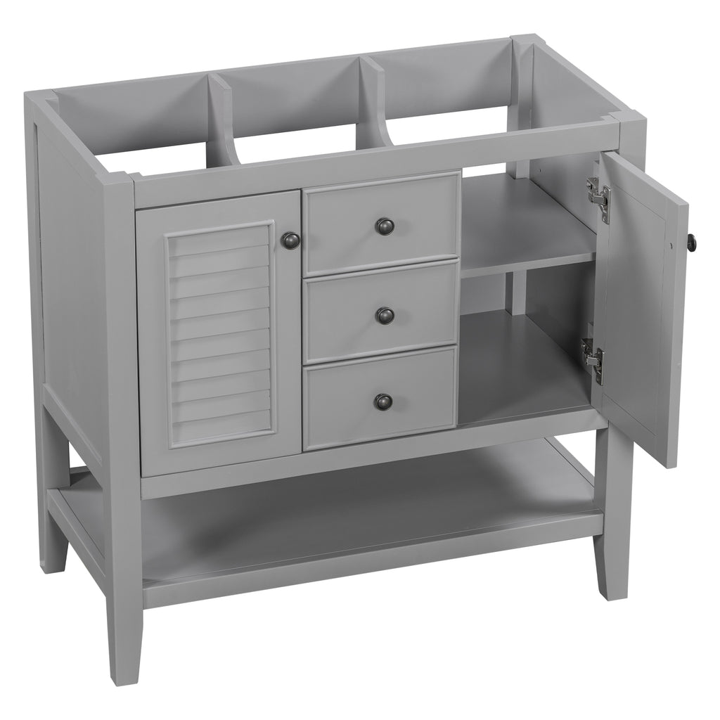 Leoglint 36" Bathroom Vanity without Sink, Cabinet Base Only, Two Cabinets and Drawers, Open Shelf, Solid Wood Frame, Grey