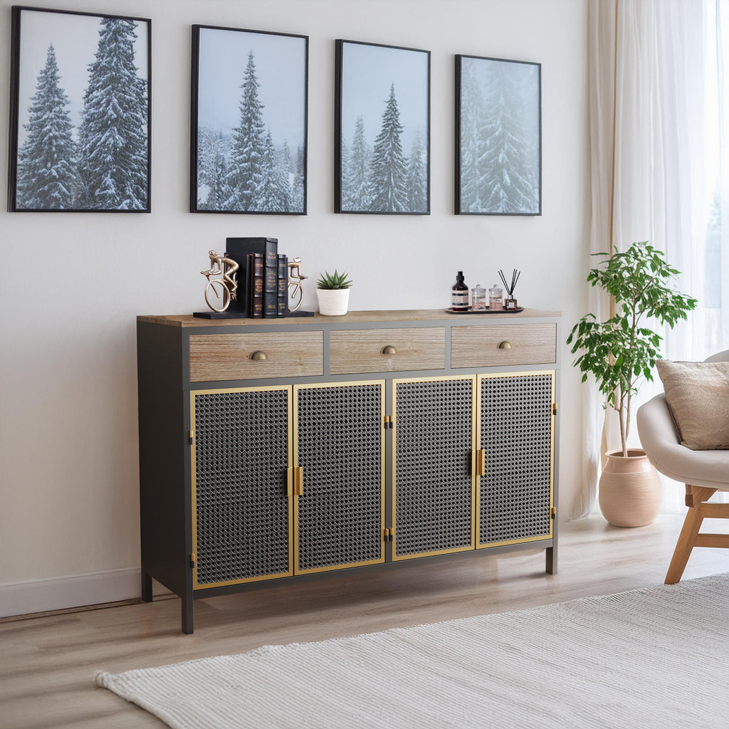 Leoglint 48" Wide  4 Doors Modern Sideboard with 3 Top Drawers, Freestanding Sideboard Storage Cabinet Entryway Floor Cabinet for Living Room Office Bedroom