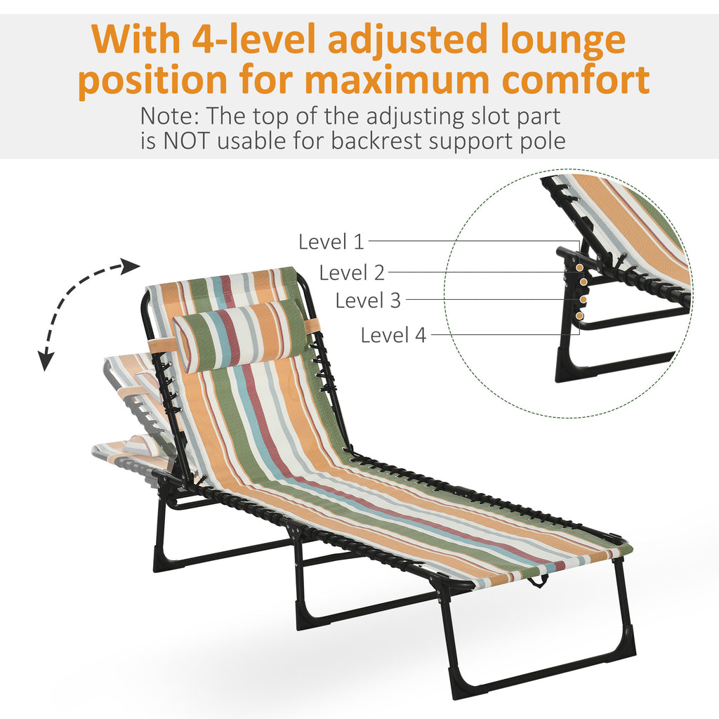 Leoglint Folding Chaise Lounge Pool Outdoor Chair, Patio Sun Tanning Chair, Outdoor Lounge Chair w/ 4-Position Reclining Back, Pillow, Breathable Mesh & Bungee Seat for Beach, Yard, Patio, Rainbow Striped