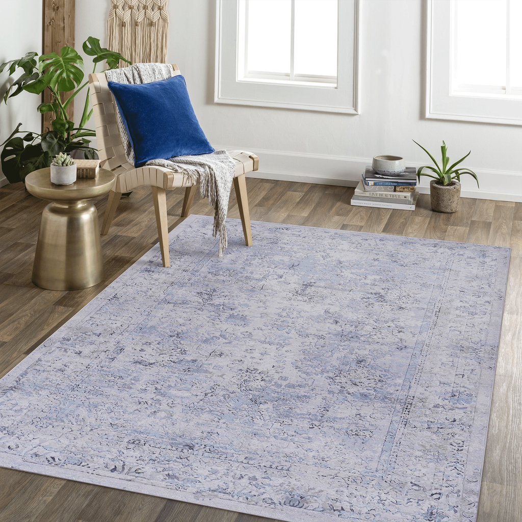 Leoglint 5x8 Area Rugs for Dining Room Rug, Washable Rug, Low-Pile, Non-Slip, Non-Shedding, Foldable, Kid & Pet Friendly - Area Rugs for living room, bedroom, kitchen, dining room, (Blue+Cream, 5' x 8')