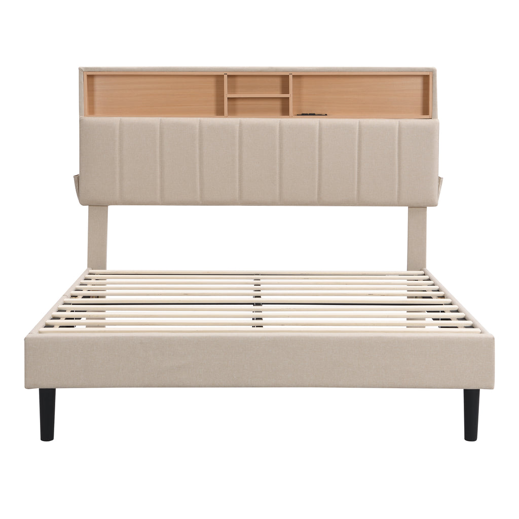 Leoglint Full size Upholstered Platform Bed with Storage Headboard and USB Port,  Linen Fabric Upholstered Bed (Beige)