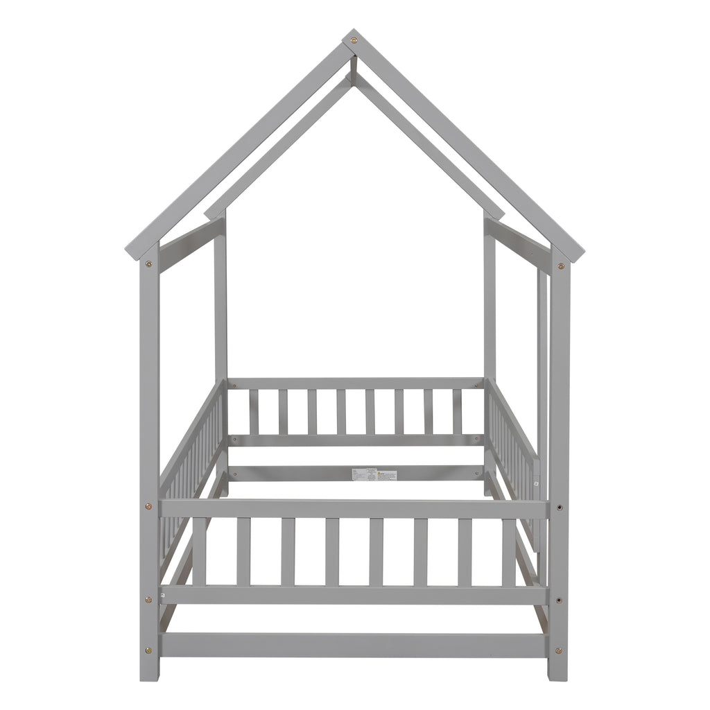 Leoglint Twin Size Floor Wooden Bed Frame with House Roof Frame, Fence Guardrails,Grey(Old SKU:W1791106614)