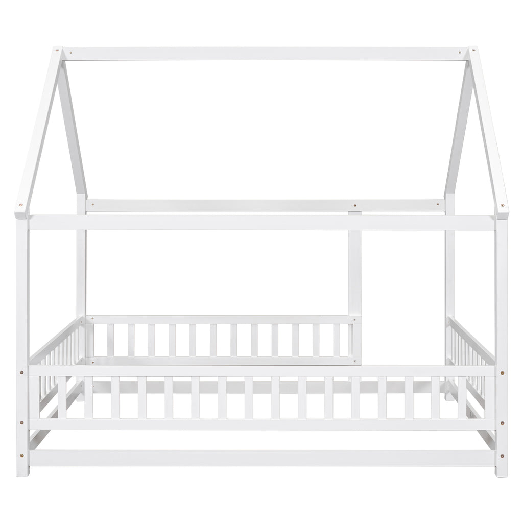 Leoglint Bed Frame Full Size Floor Wooden Bed with House Roof Frame, Fence Guardrails ,White