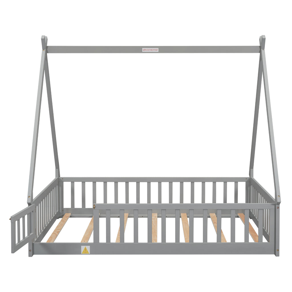 Leoglint Full Tent-shaped Floor Bed Frame, with Guardrails, Slats, Door ,Grey