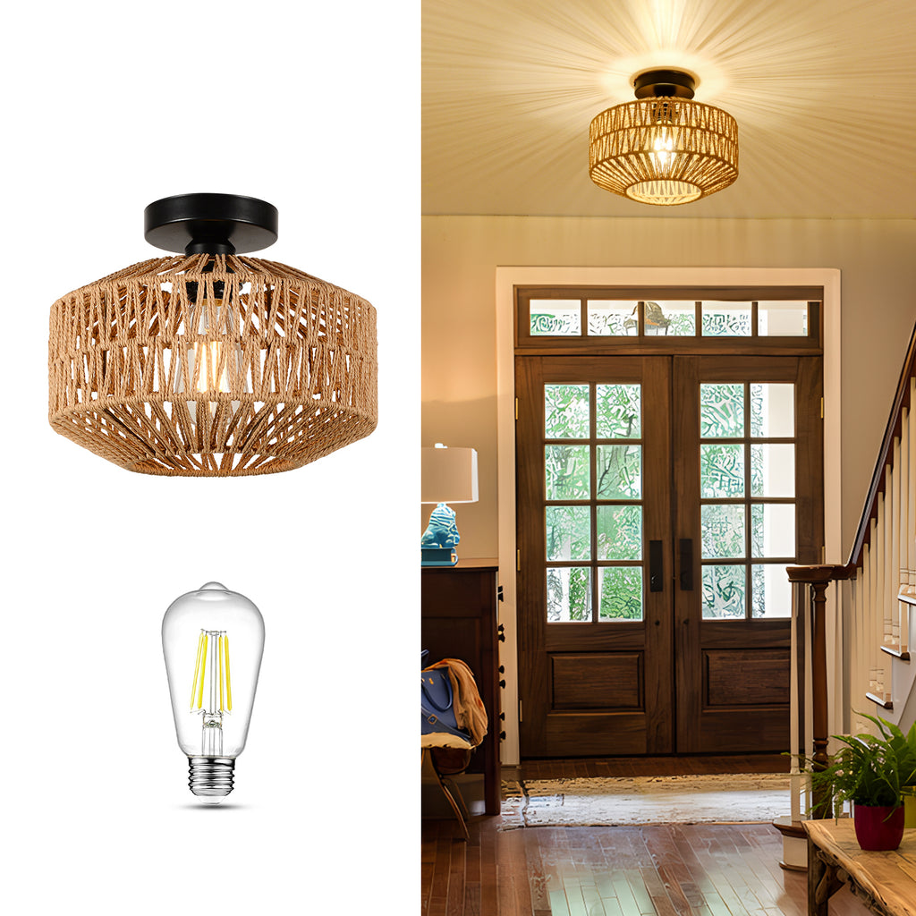 Leoglint Pendant Mini Rattan Flush Mount Light Chandelier with Dimmable LED Bulb