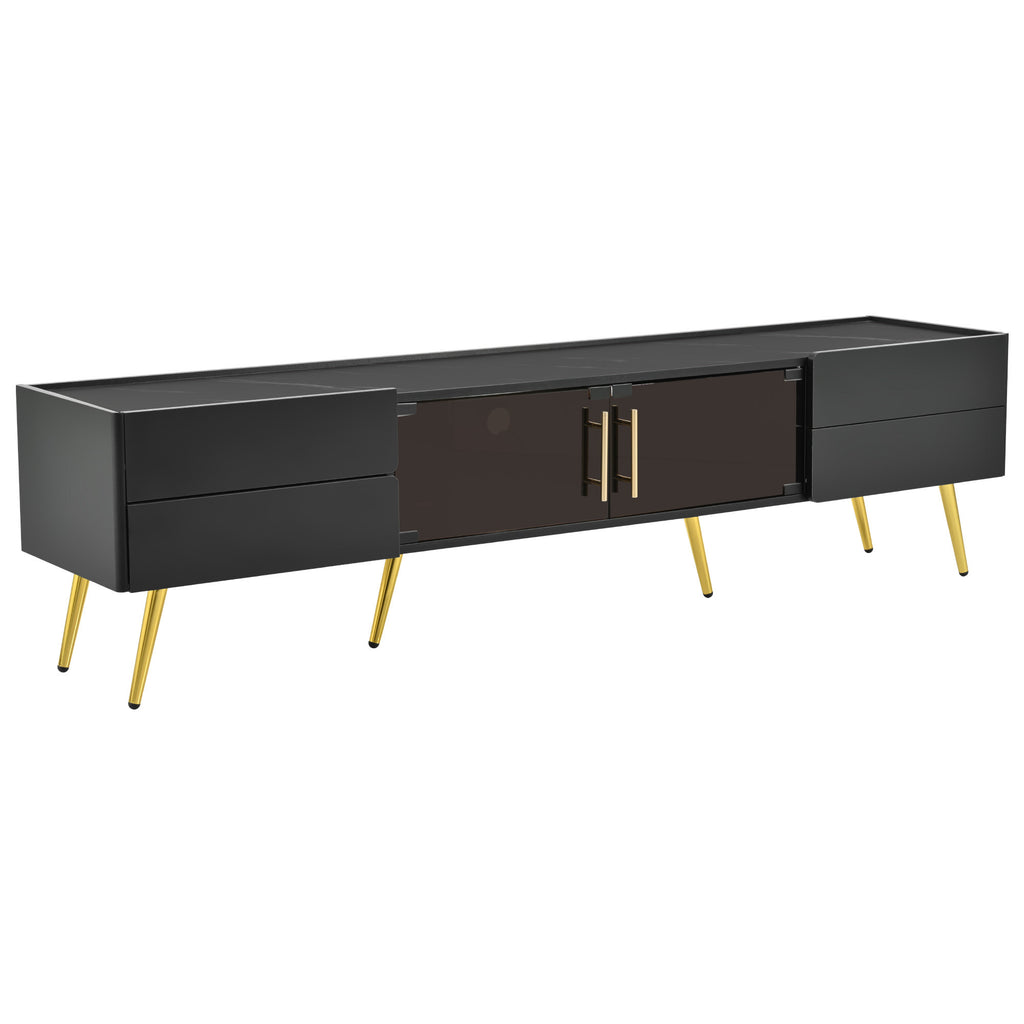 Leoglint U-Can Modern TV Stand with LED lights for TVs up to 80 Inches, Entertainment Center with 4 Drawers and 1 Cabinet with Brown Glass Door, Media Console with Metal Legs and Handles for Living room