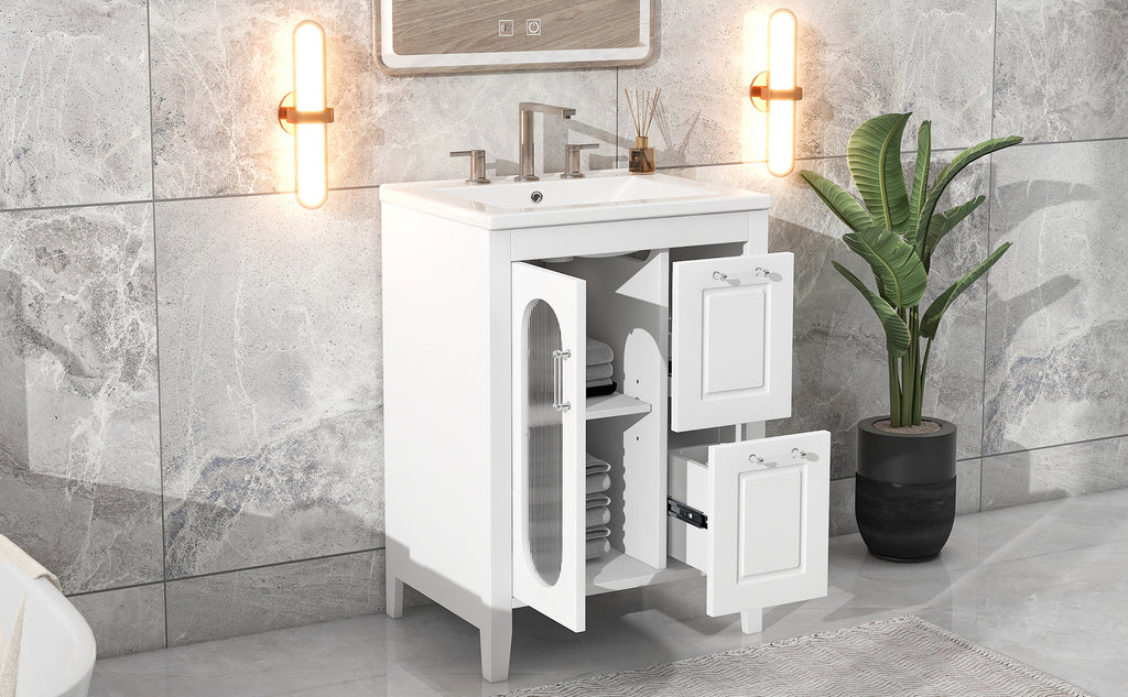 Leoglint 24" Bathroom Vanity with Sink, Bathroom Vanity Cabinet with Two Drawers and Door, Adjustable Shelf, Solid Wood and MDF, White