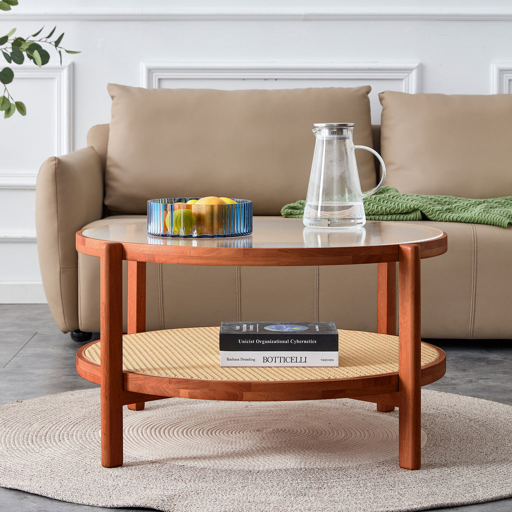 Leoglint Modern minimalist circular double-layer solid wood coffee table, craft glass tabletop, second layer material: PE rattan, solid wood frame. 34.6 '* 34.6' * 17.7''