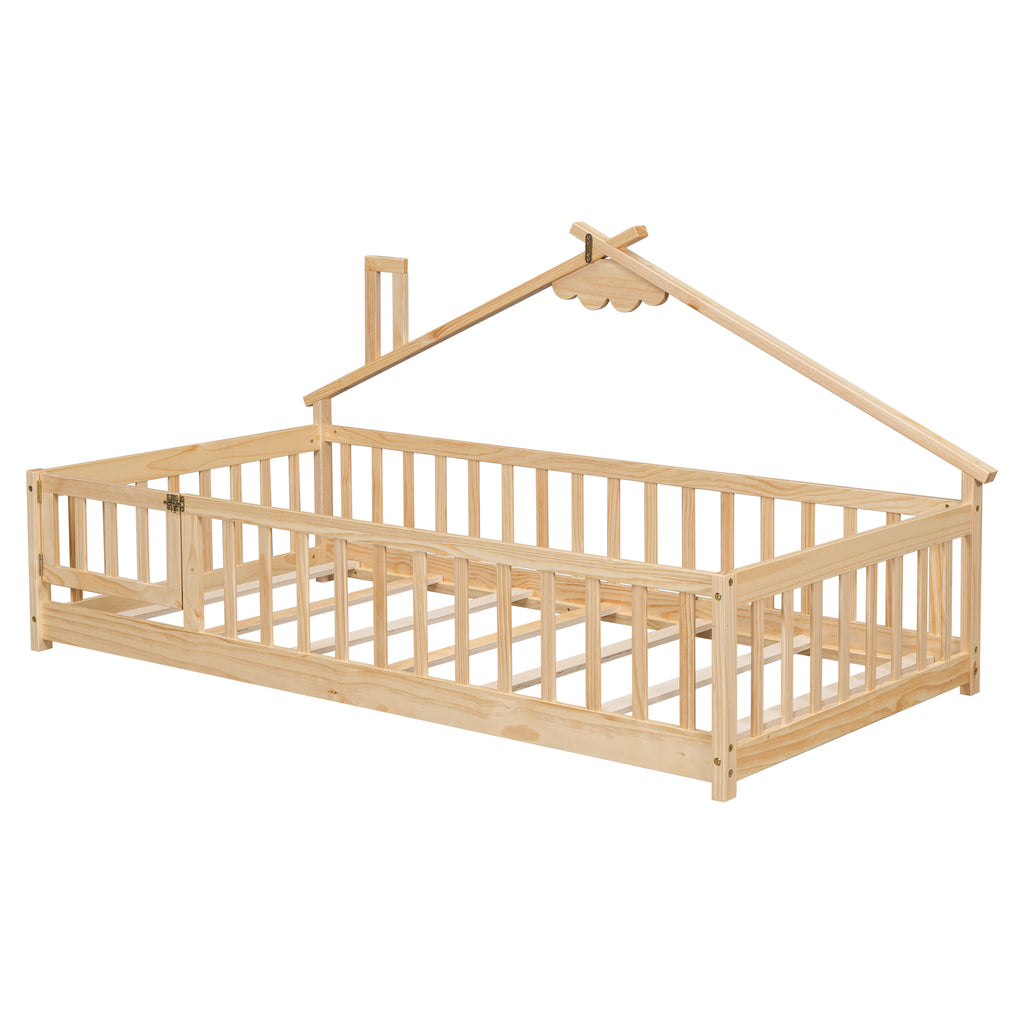 Twin House-Shaped Bedside Floor Bed Frame with Guardrails, Slats, with Door,Natural