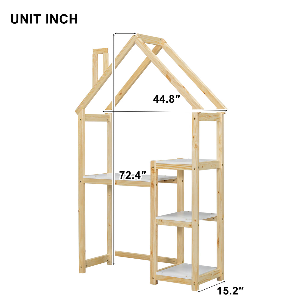 Leoglint House-shaped Wooden writing Desk,Kids study Table,Bookshelf & Toy Storage,Natural