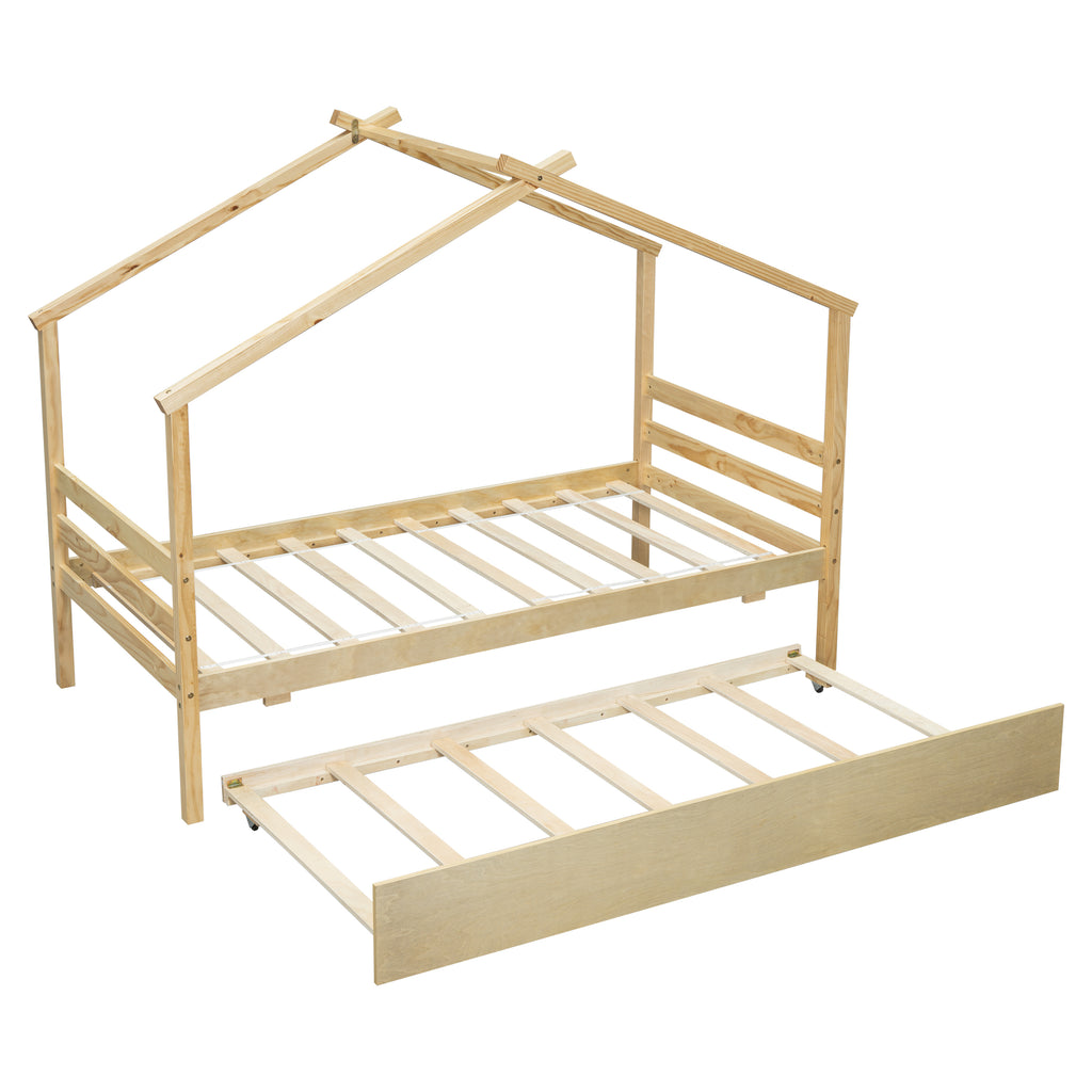 Leoglint Twin Size  House-shaped Bed Frame with Trundle,Natural