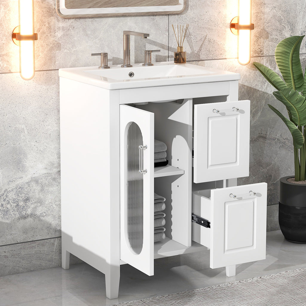 Leoglint 24" Bathroom Vanity with Sink, Bathroom Vanity Cabinet with Two Drawers and Door, Adjustable Shelf, Solid Wood and MDF, White