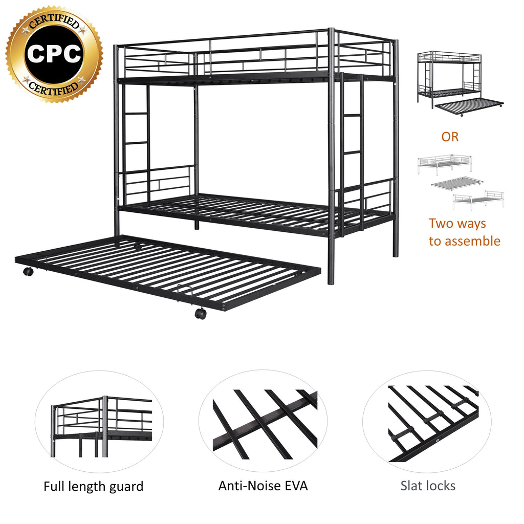 Metal Twin over Twin Bunk Bed Frame with Trundle/Can Be Separated into 2 Twin Beds/ Heavy-duty Sturdy Metal/ Noise Reduced/ Safety Guardrail/ Trundle for Flexible Space/ Bunk Bed for Three/ CPC Certified