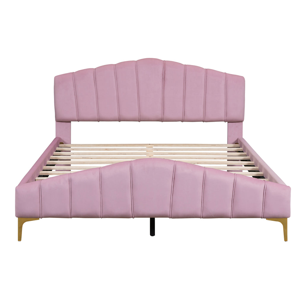 Queen Size Velvet Platform Bed Frame with Thick Fabric, Stylish Stripe Decorated Bedboard and Elegant Metal Bed Leg, Pink