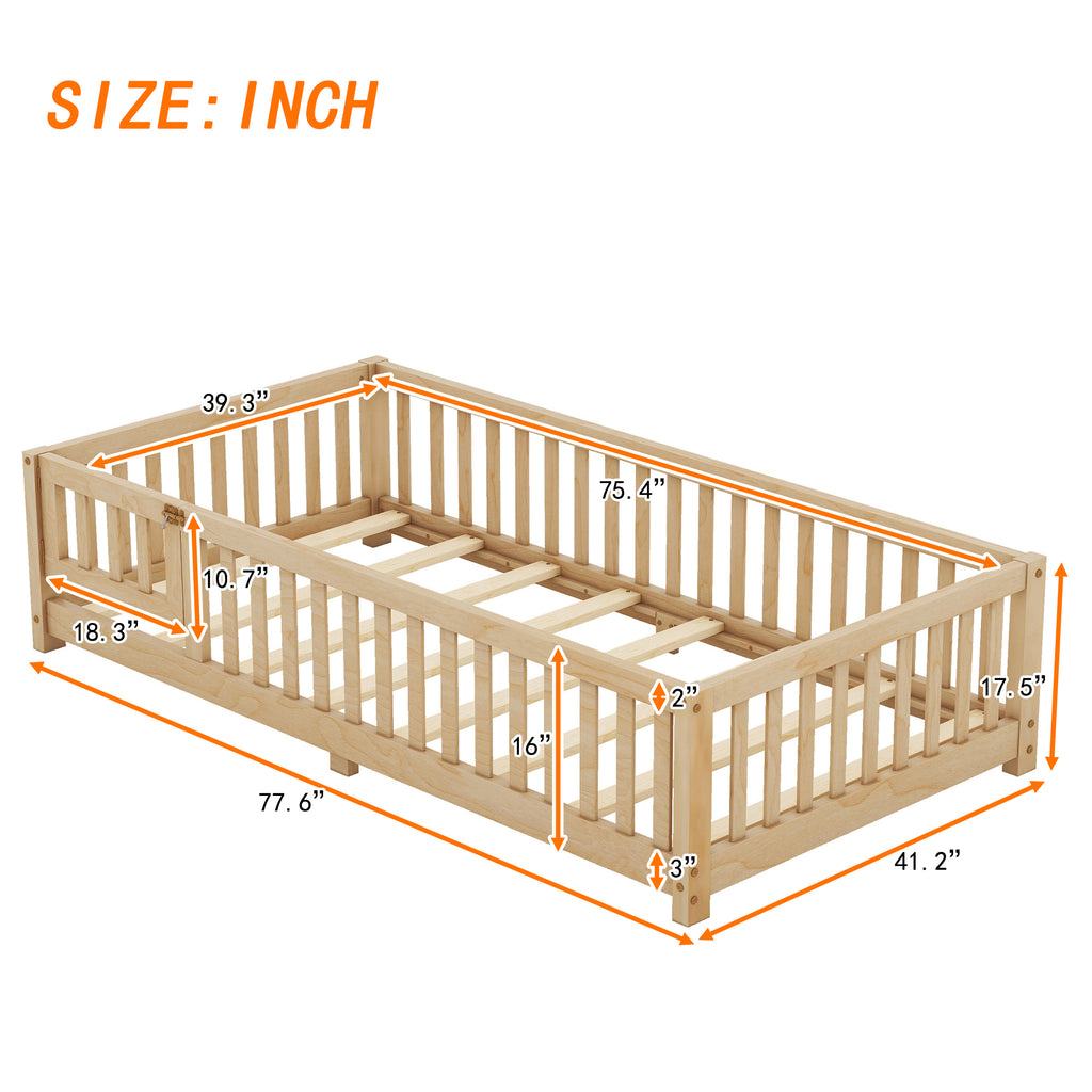 Leoglint Twin Size Bed Floor Bed Frame with Safety Guardrails and Door for Kids, Natural(Old SKU: W158090686)