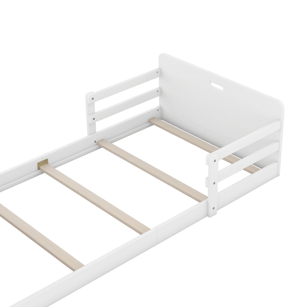 Leoglint Twin Size Floor Bed Frame with Storage Footboard and Guardrail, White