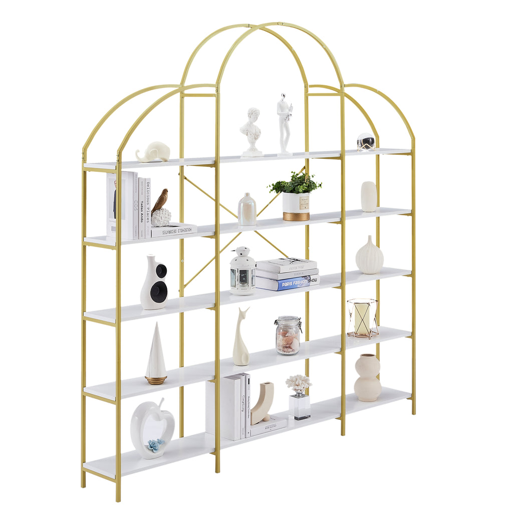 Leoglint 74.8 Inch 5 Tiers Office Bookcase Bookshelf, Display Shelf with Round Top, X Bar Gold Frame