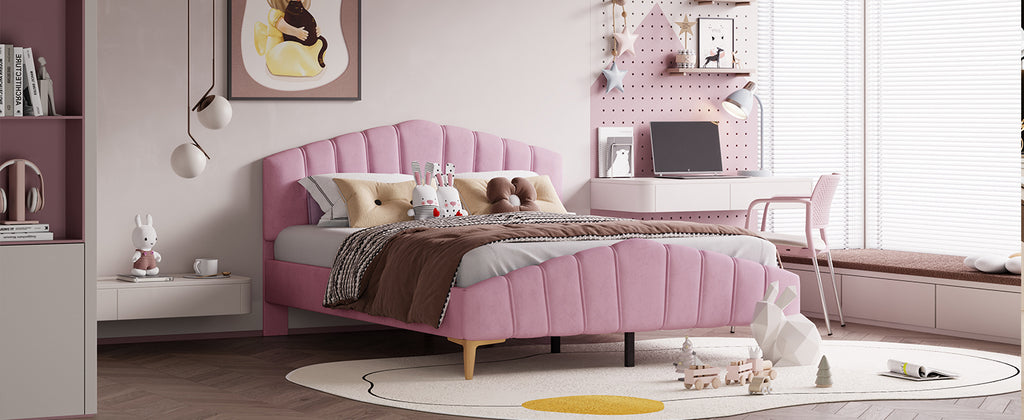 Queen Size Velvet Platform Bed Frame with Thick Fabric, Stylish Stripe Decorated Bedboard and Elegant Metal Bed Leg, Pink