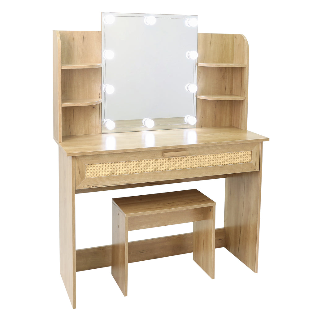 Leoglint Drawer Chest Vanity Desk Set Stool & Dressing Table with LED Lighting Mirror Drawer and Compartments Modern Wood Cosmetic Table Chest of Drawers Nature Color