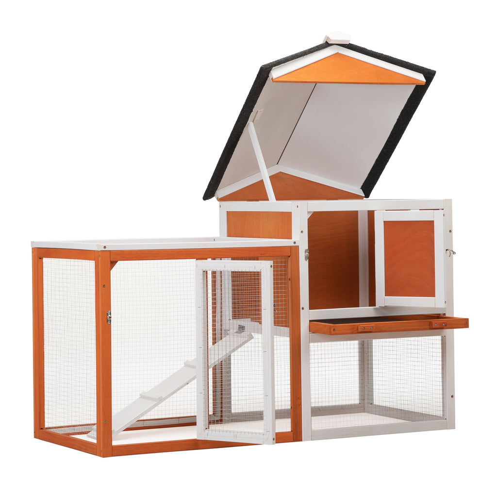 Leoglint 2-Story Wooden Rabbit Hutch Bunny Cage, Chicken Coop, Pet House for Small Animals, Orange + White