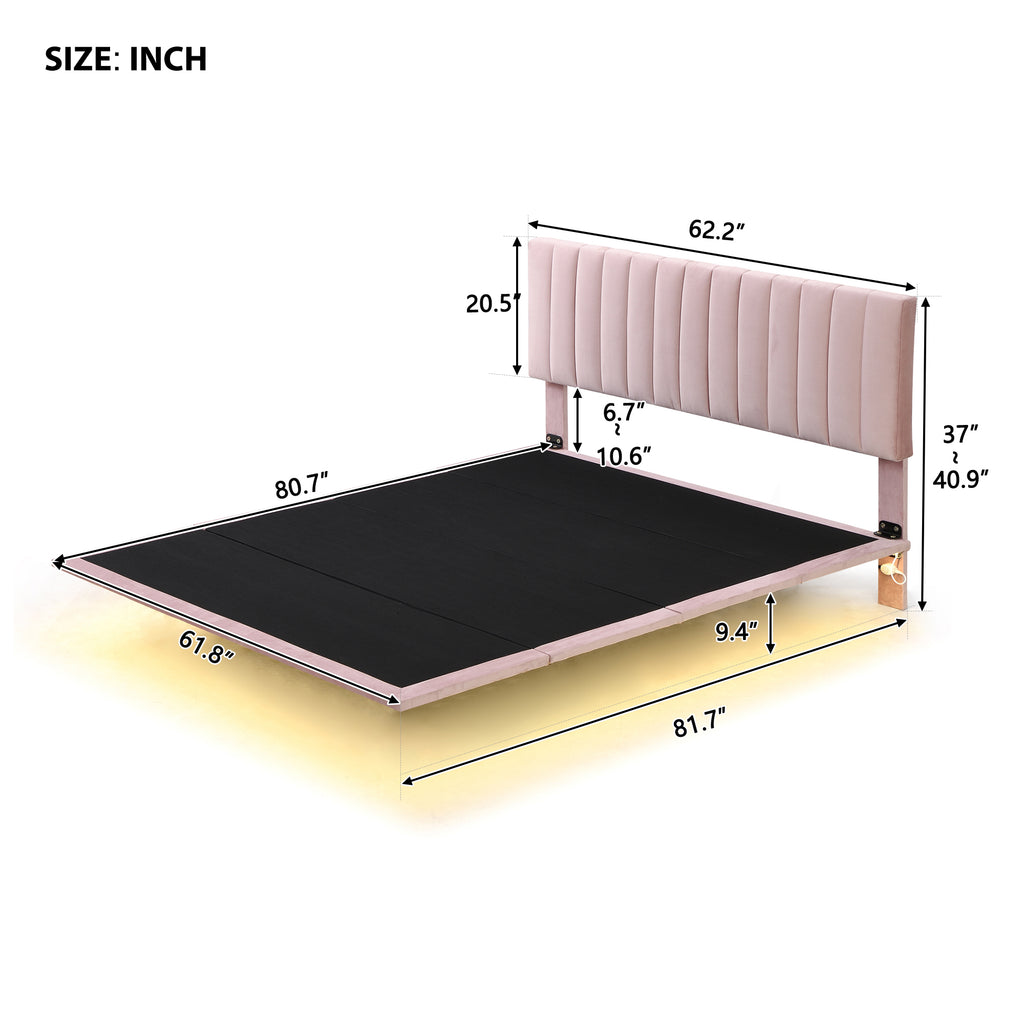 Queen Size Upholstered Bed Frame with Sensor Light and Headboard, Floating Velvet Platform Bed, Pink