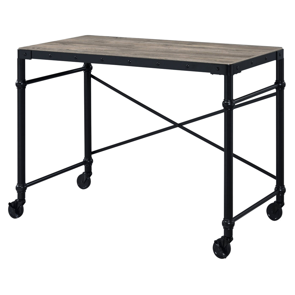 Leoglint Rustic Oak and Black Writing Office Desk with Wheels