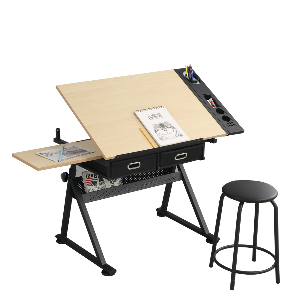 Leoglint adjustable drawing drafting table Office desk with 2 drawers for home office and school with stool(wood)