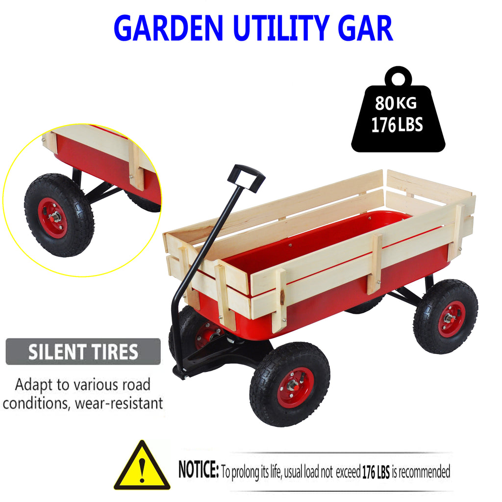 Leoglint Garden cart outdoor sport wagon tools cart wooden side panels air tires Wagon (red)