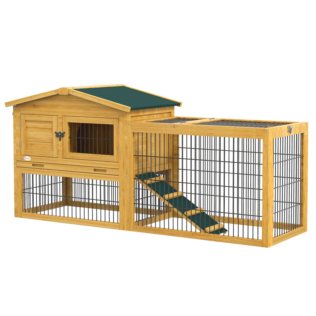 Leoglint 2 Levels Outdoor Rabbit Hutch with Openable Top, 59" Wooden Large Rabbit Cage with Run Weatherproof Roof, Removable Tray, Ramp, Yellow