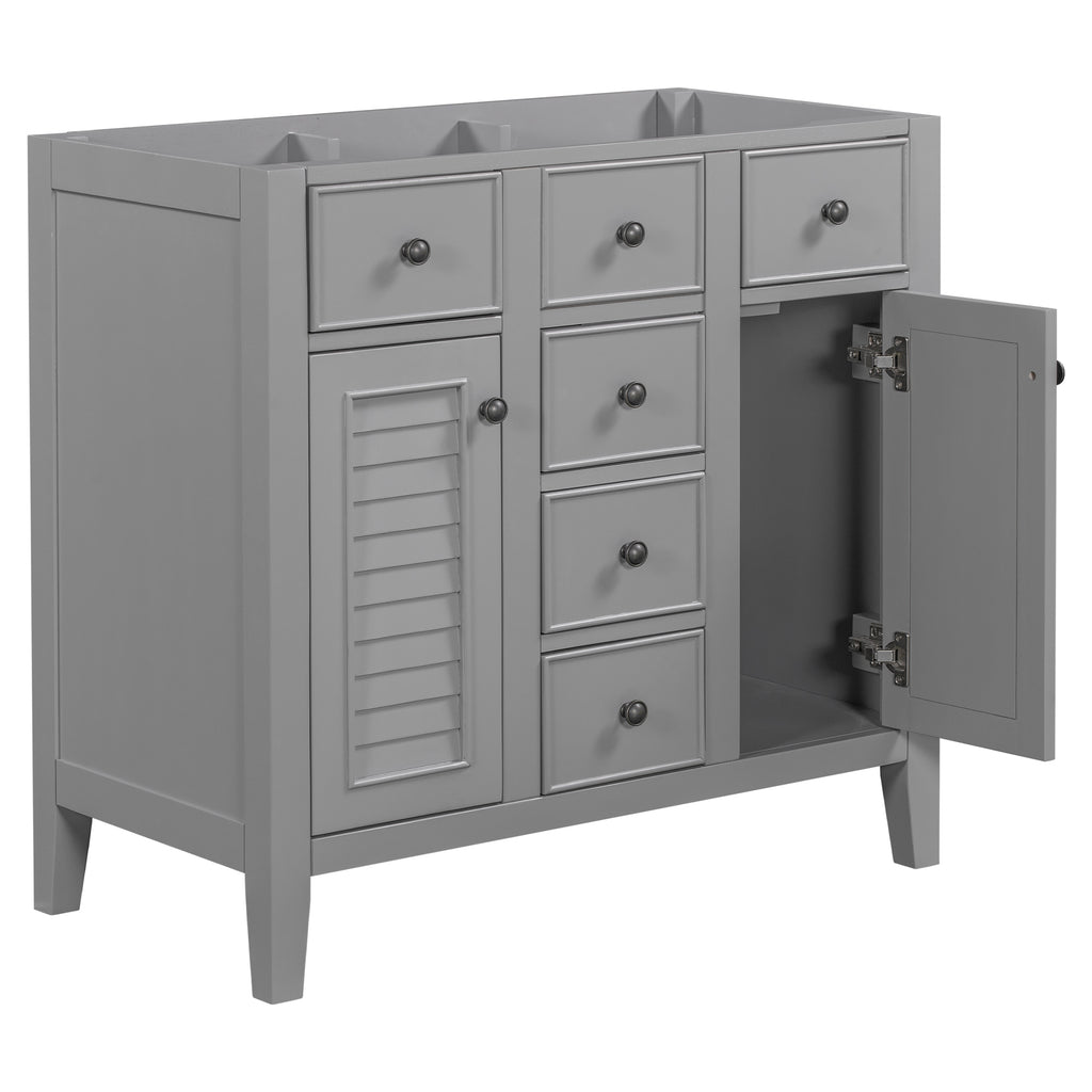 Leoglint 36" Bathroom Vanity without Sink, Cabinet Base Only, Two Cabinets and Five Drawers, Solid Wood Frame, Grey