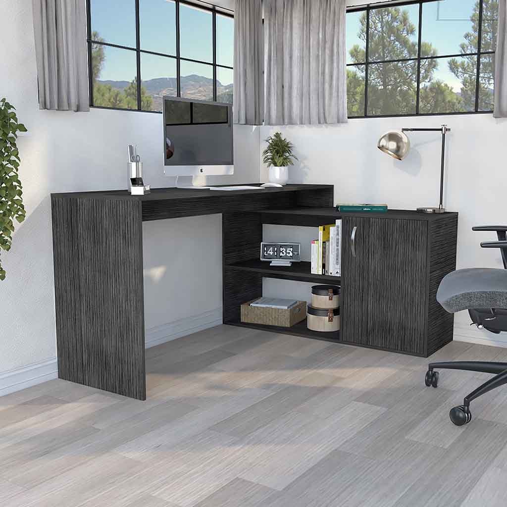 Leoglint Axis Modern L-Shaped Computer Office Desk with Open & Closed Storage -Smokey Oak