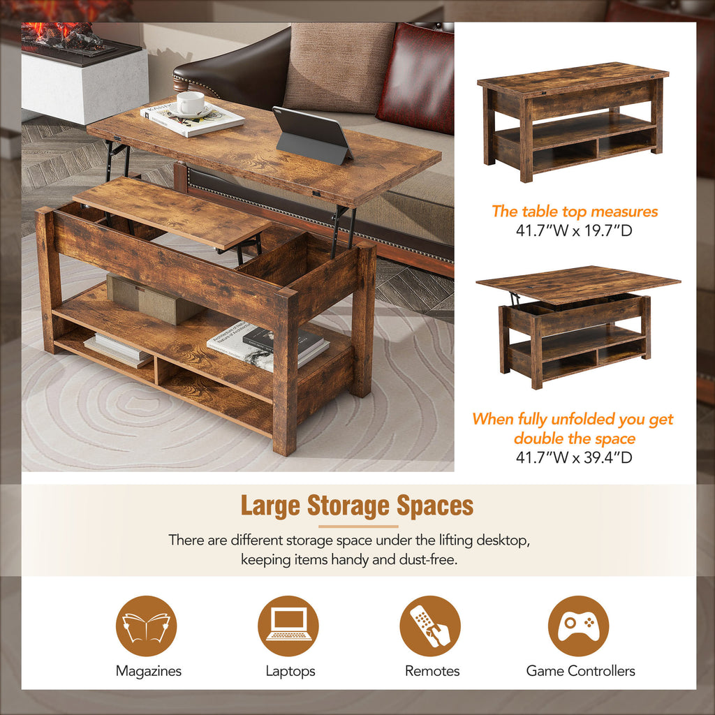 Leoglint [VIDEO provided] ON-TREND Lift Top Coffee Table, Multi-Functional Coffee Table with Open Shelves, Modern Lift Tabletop Dining Table for Living Room, Home Office, Rustic Brown