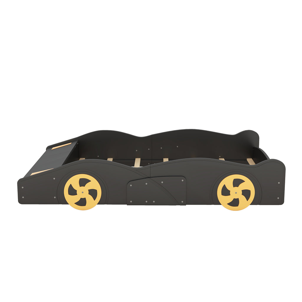 Leoglint Full Size Race Car-Shaped Platform Bed with Wheels and Storage, Black+Yellow