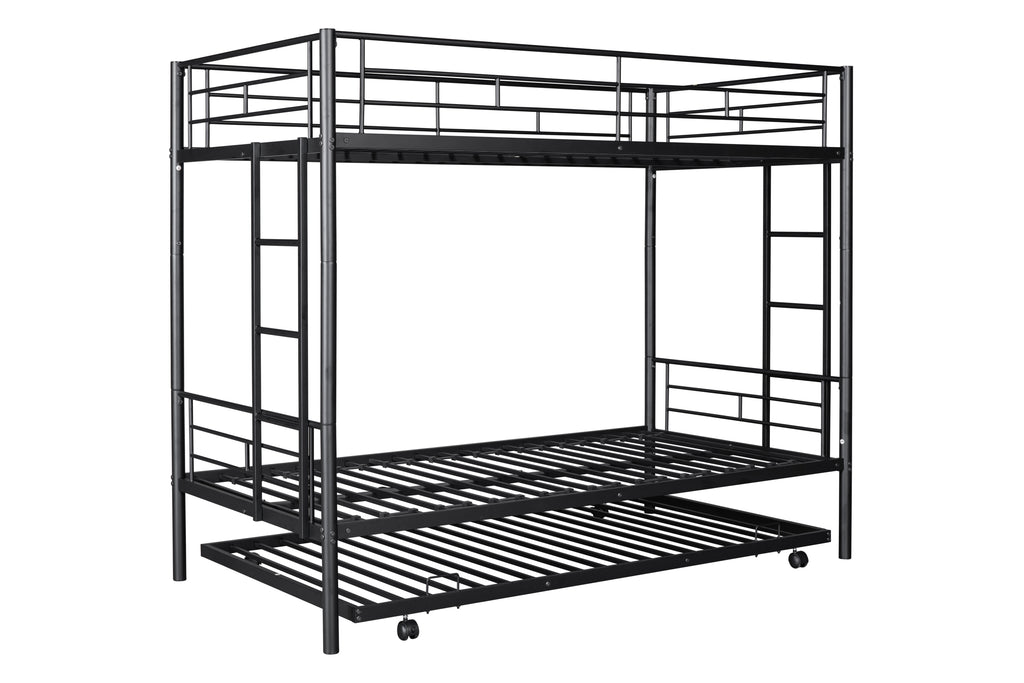 Metal Twin over Twin Bunk Bed Frame with Trundle/Can Be Separated into 2 Twin Beds/ Heavy-duty Sturdy Metal/ Noise Reduced/ Safety Guardrail/ Trundle for Flexible Space/ Bunk Bed for Three/ CPC Certified