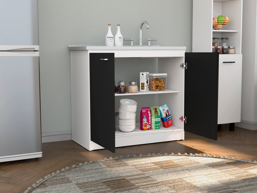 Leoglint Bathroom Vanity Napoles Utility Sink With Cabinet, Double Door, One Shelf -White / Black