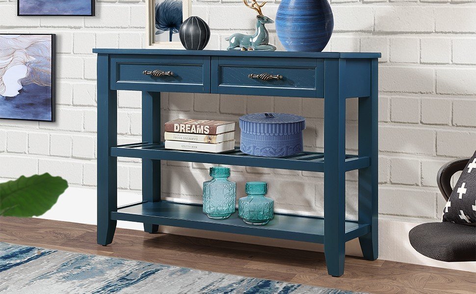 Leoglint Console Sofa Table with 2 Storage Drawers and 2 Tiers Shelves, Mid-Century Style 42'' Solid Wood Buffet Sideboard for Living Room Furniture Kitchen Dining Room Entryway Hallway,Navy Blue