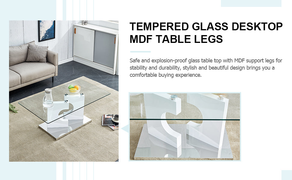 Leoglint A rectangular modern and fashionable coffee table with tempered glass tabletop and white MDF legs. Suitable for living room.47.2"*25.5"*18"