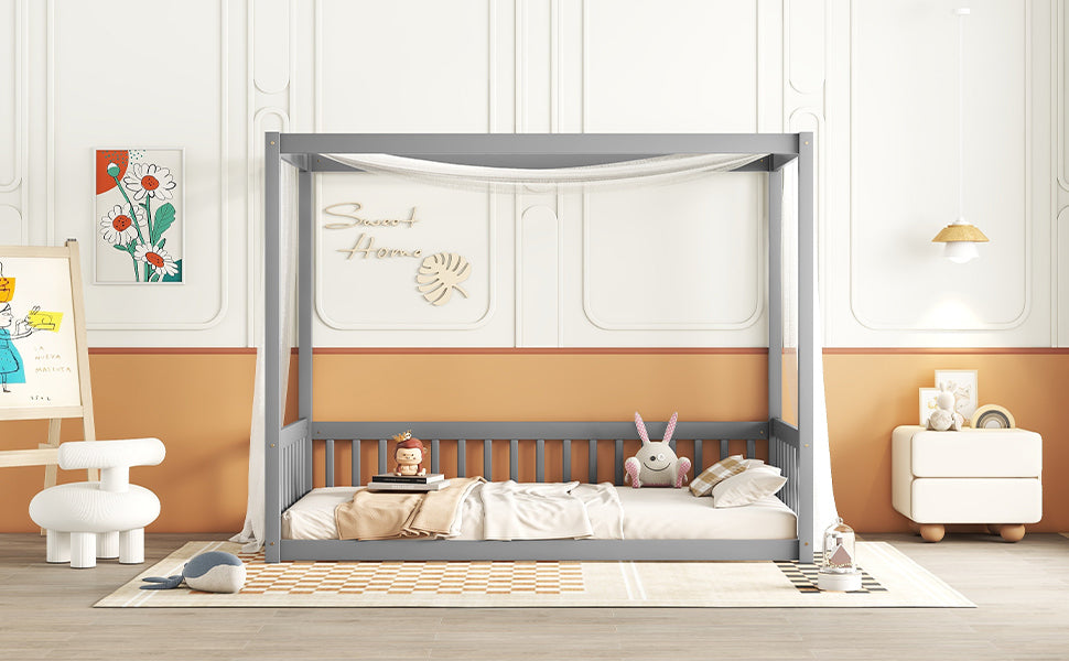 Leoglint Twin Size Canopy Frame Floor Bed Frame with Fence, Guardrails,Grey