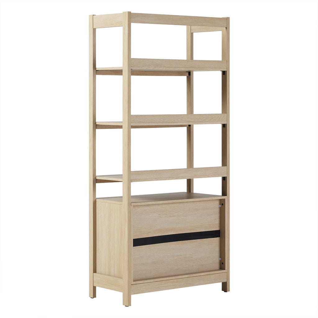 Leoglint Transitional Wide Bookshelf with Drawers on Bottom - Oak